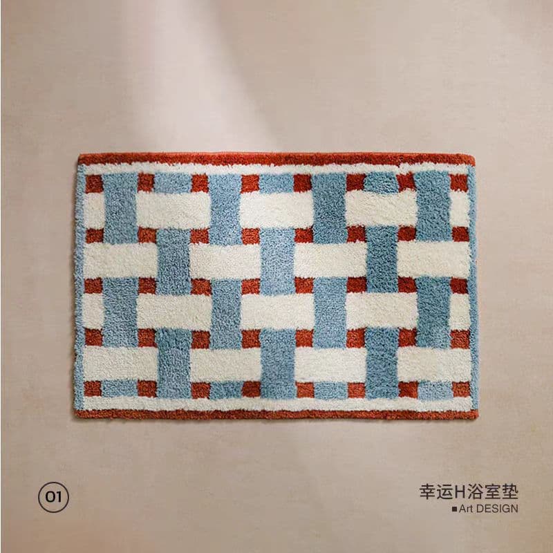 Medieval Style Bathroom Floor Mat, Imitation Cashmere, Water-Absorbent, Non-Slip, Geometric Plaid Floor Mat, Bathroom Absorbent Mat, in Stock