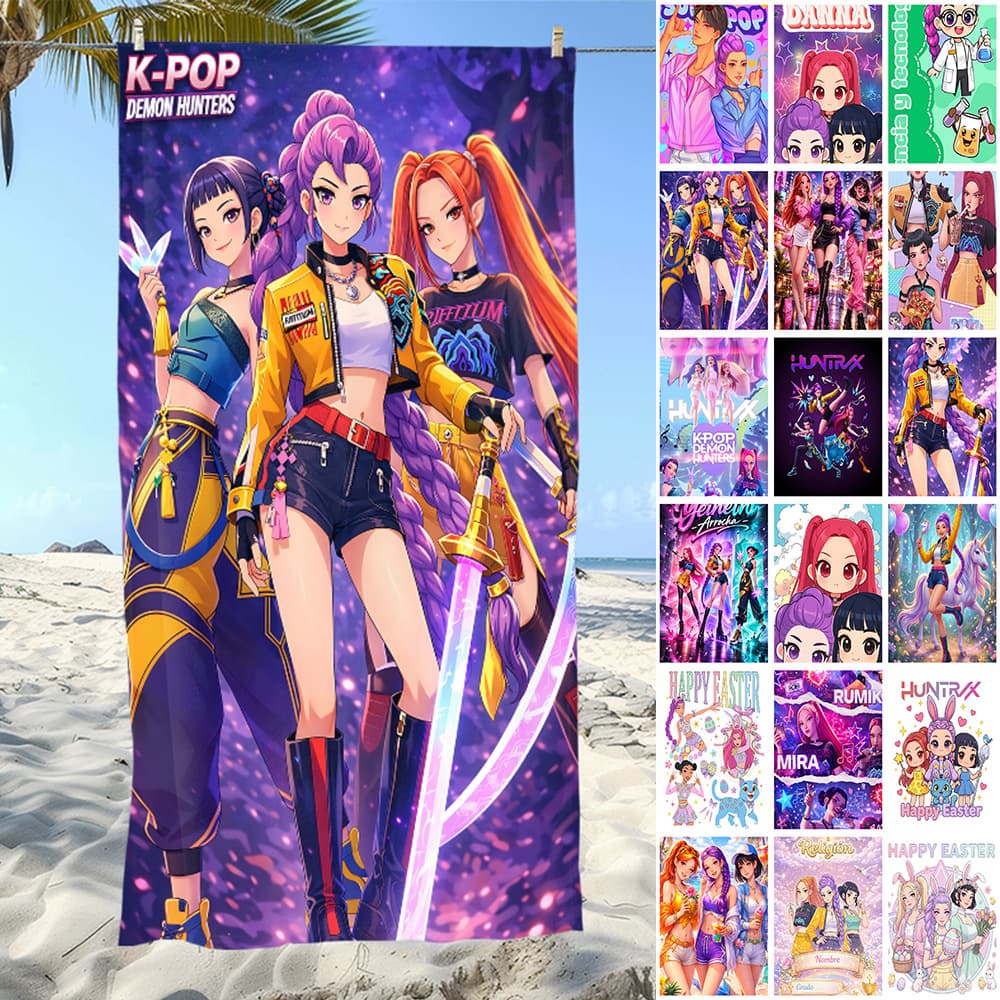 TEMU Cross-Border Bestseller Korean Style Girl Group Beach Vacation Absorbent Bath Towel KPOP Hunter Girl Group Printed Beach Towel