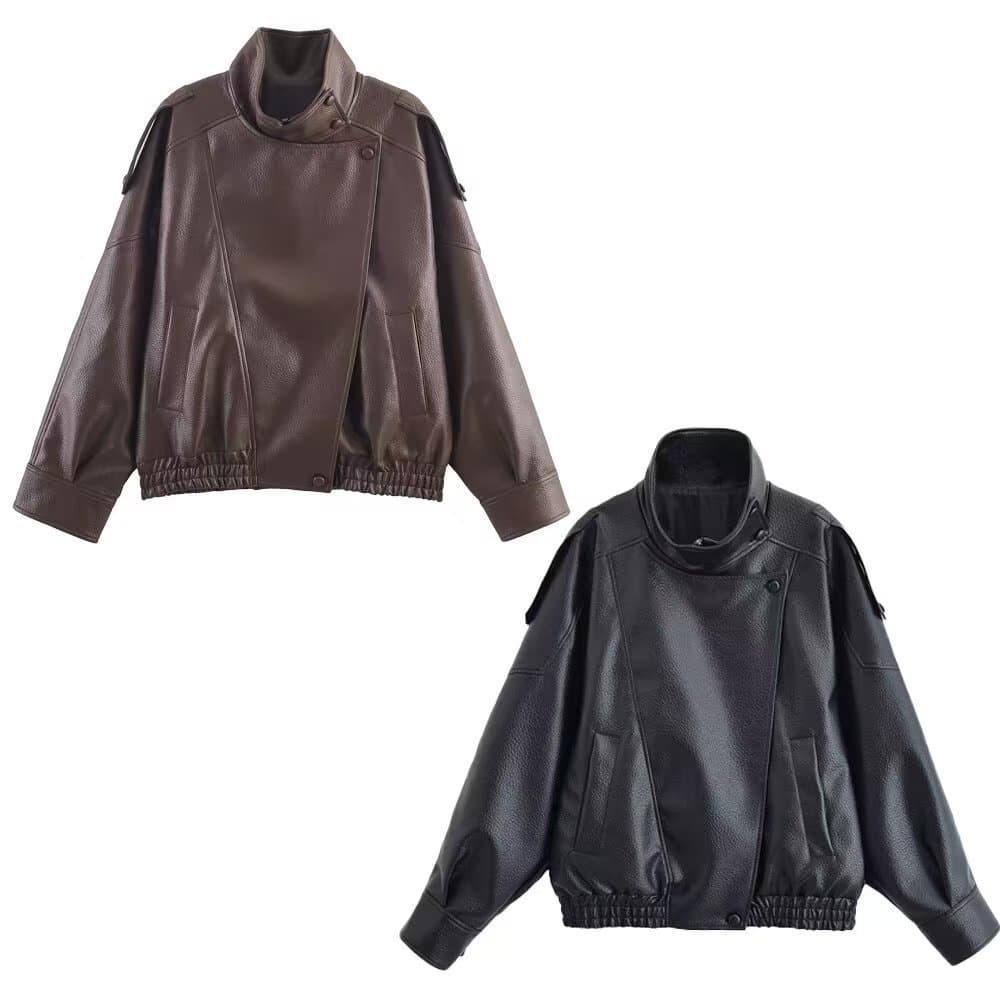 Cross-border European and American women's fashion AliExpress bestseller autumn new retro stylish stand-collar faux leather jacket