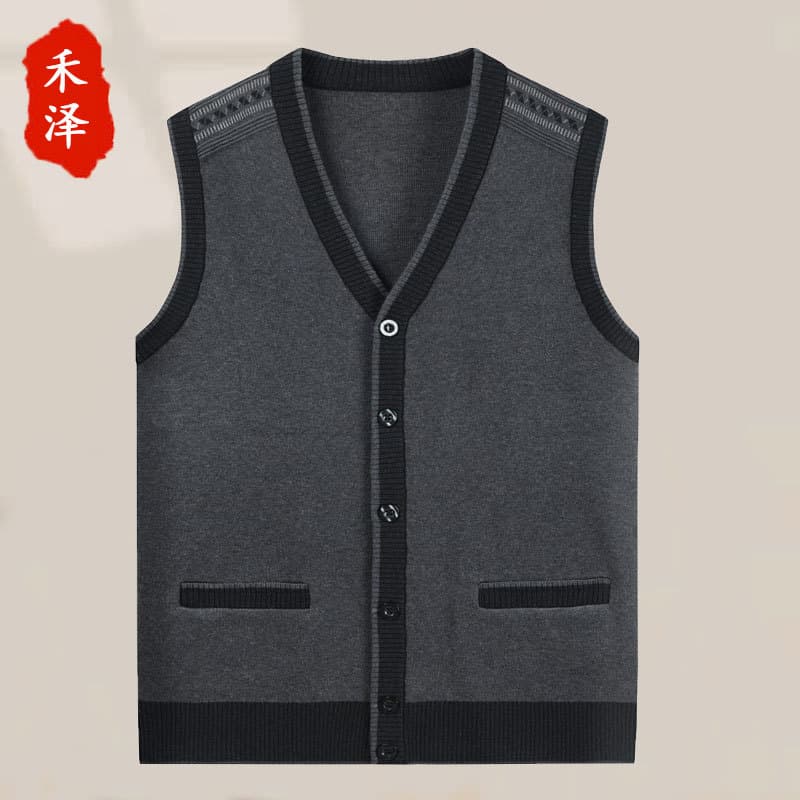 Dad Solid Color Vest Middle-Aged and Elderly Father Knitted Cardigan Autumn Men's Sweater Waistcoat Vest Grandpa Elderly Open Back