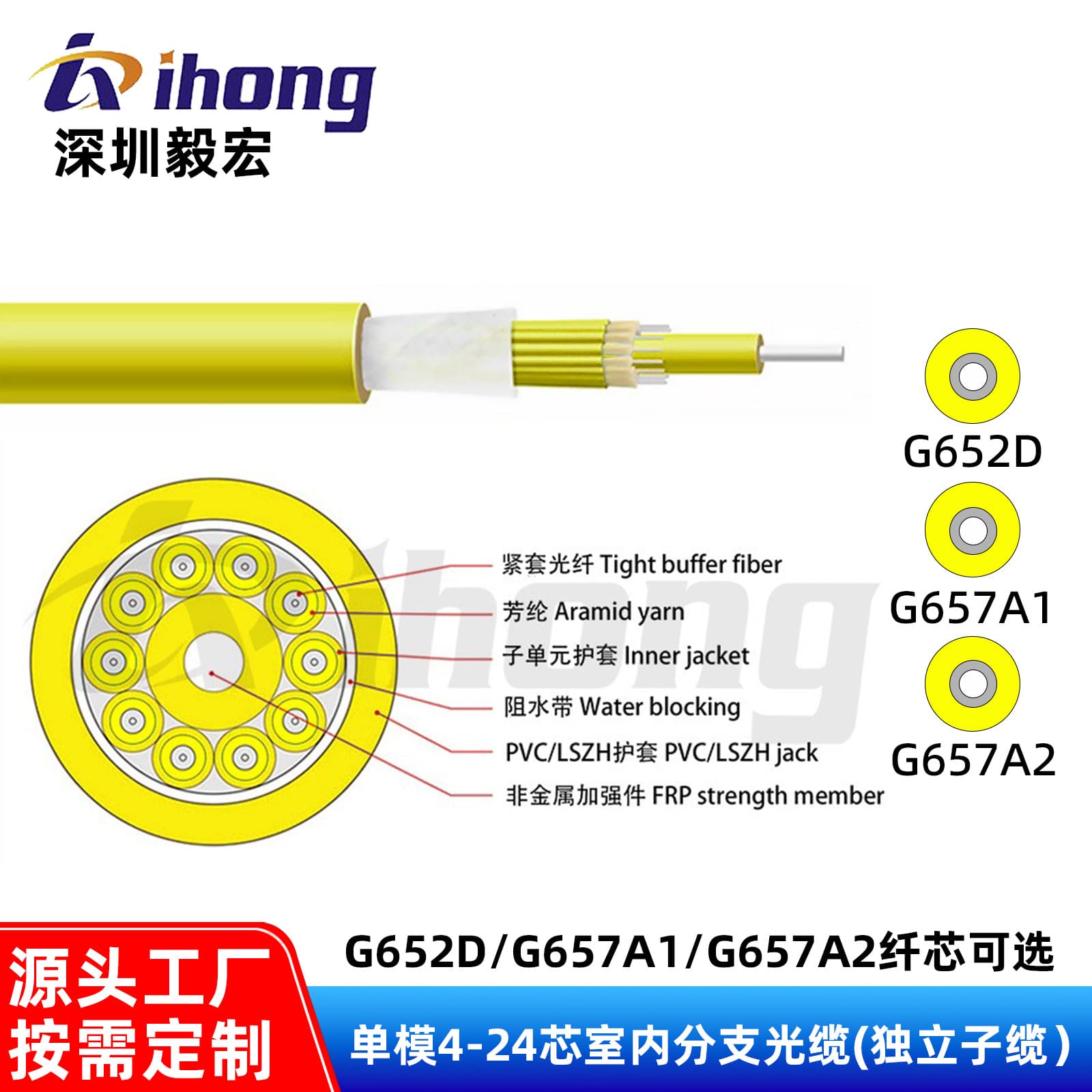 Customized Gjfjvh Single-Mode 4-24 Core Indoor Branch Optical Cable with Optional G652D/G657A1/G657A2 Fiber Cores