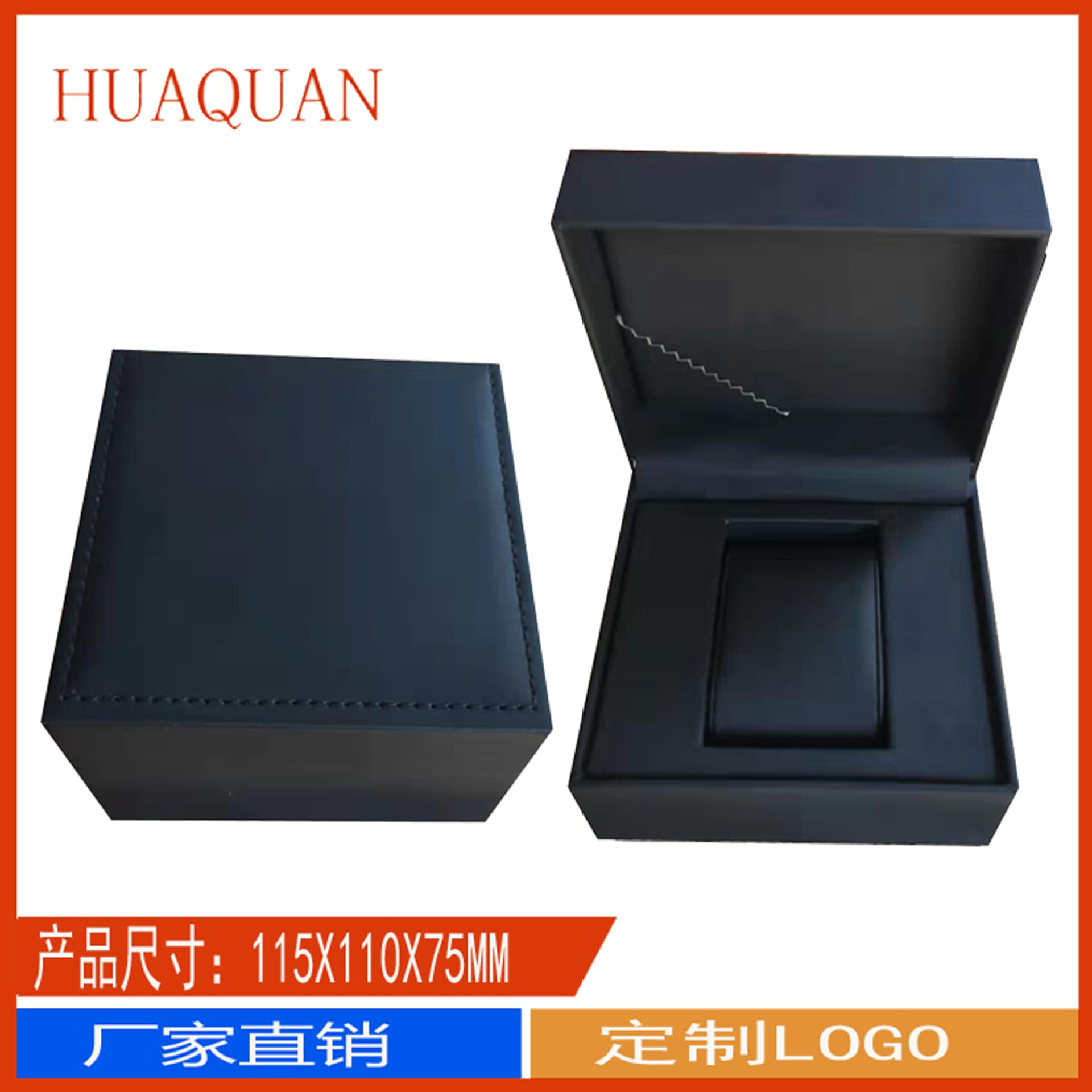 Customized high-end PU watch box, leather gift box, stylish and elegant black watch box, logo printing available.
