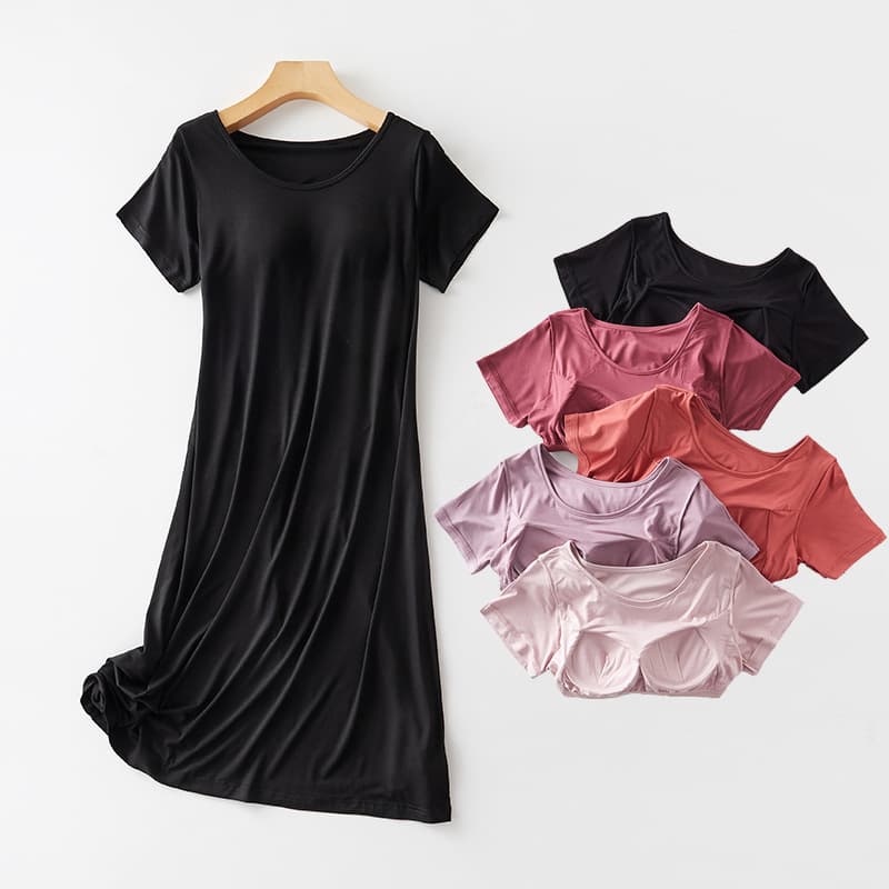 Women's Sleep Dress with Built-in Bra Pads, Mid-Length Loungewear, Short Sleeve, No Bra Needed, Cup Included