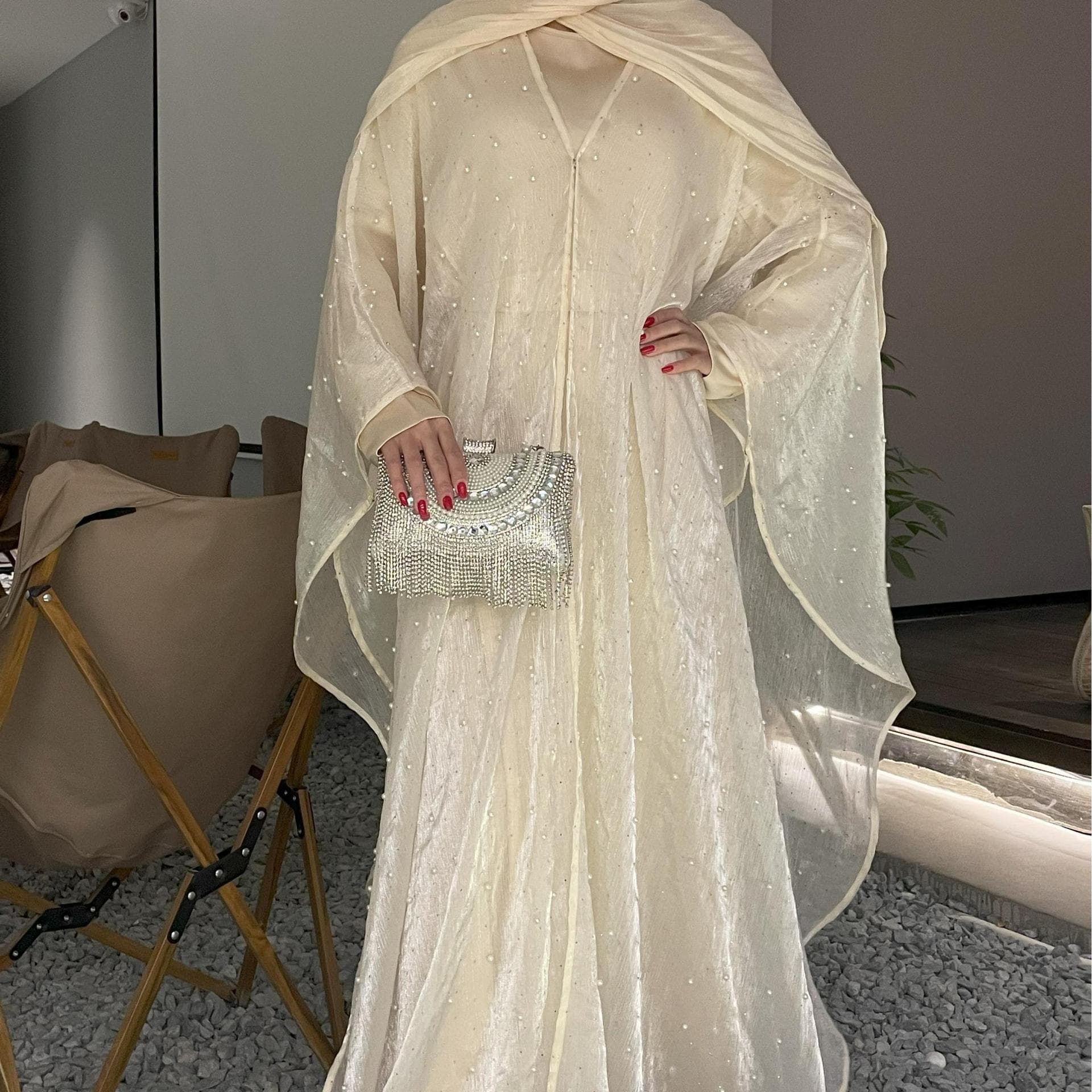 Cross-border Pearl Dress Solid Color Elegant Dress for Women Party Gathering Modest Dress
