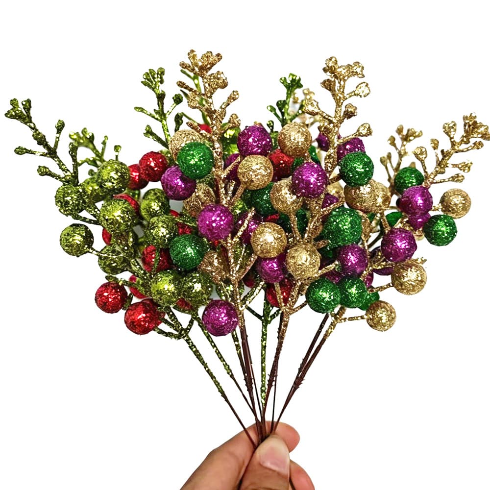 Christmas Tree Craft Kit Red Berry Fortune Berry Branch 15-Forks Two-Tone Mixed Color Christmas Floral Picks Set