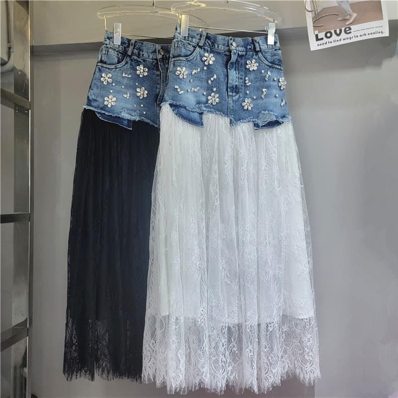 Heavy Craft Rhinestone Lace Patchwork Denim Skirt for Women 2026 Summer High-Waist Irregular Fake Two-Piece A-Line Tulle Skirt