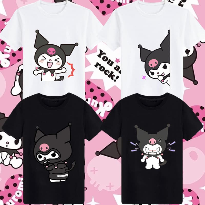 Kuromi Collaboration Short Sleeve Summer T-Shirt for Girls, Anime Print Kids Clothing