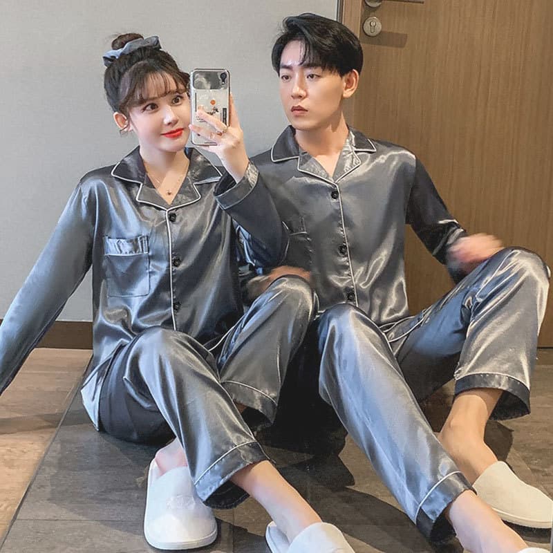 Couple Pajamas Women's Spring and Autumn Thin Ice Silk Summer Long-sleeved Home Clothes Silk Simulation Youth Men's suit