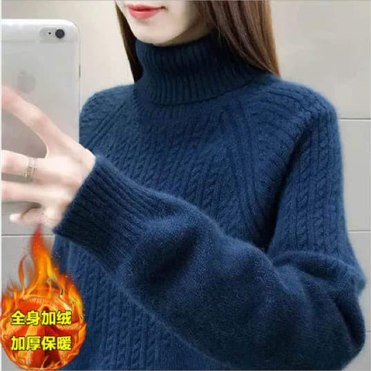 Women's high-neck pullover sweater, loose and relaxed style, autumn and winter, long-sleeved solid color thick knitted base layer, blue.