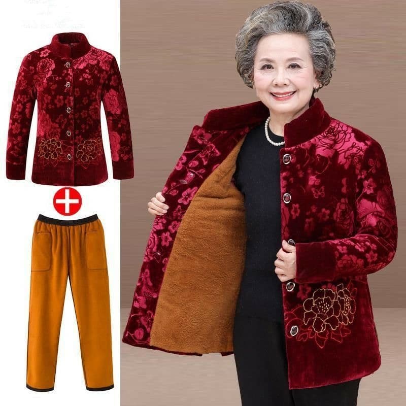 Elderly Women's Fleece-Lined Cotton Coat Winter Thick Grandma Jacket Mom-Style Cotton Coat Traditional Chinese Tang Suit