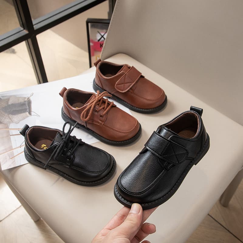 New Spring/Autumn Matte Velcro British Black Casual Breathable Lace-Up Leather Shoes for Boys