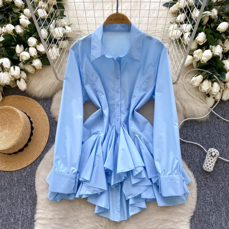 Niche and chic shirts for women, Korean style spring clothes, irregular ruffled mid-length skirts