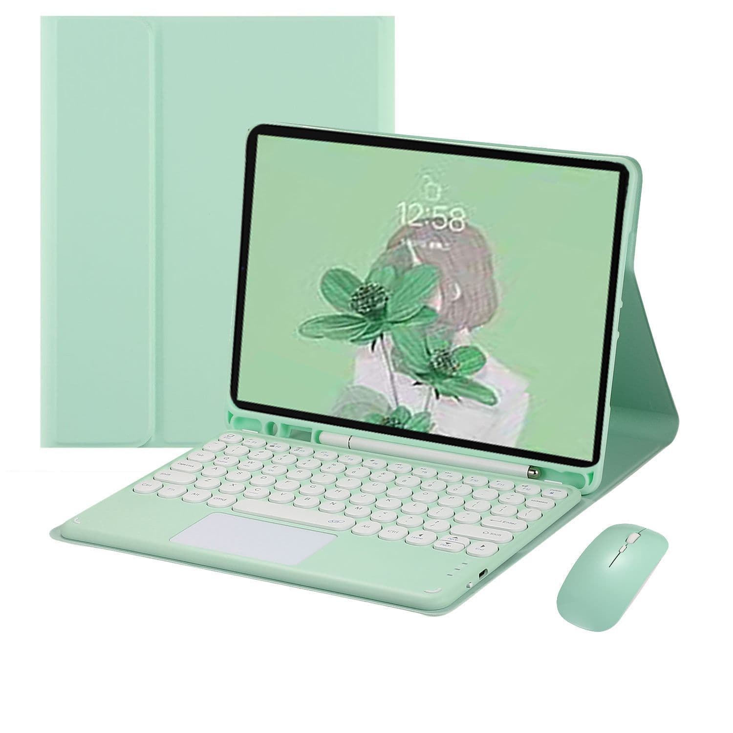 2022 Compatible iPad 10th Gen Round Cap Bluetooth Touch Keyboard 10.9 with Stylus Slot Leather Case 13-Key Mouse for 11-inch