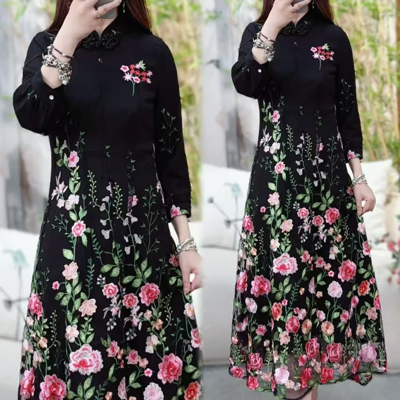 2025 Autumn New Arrival: Chinese Style Improved Slimming Fashion Simple Elegant Ruffle Embroidered Stand Collar Dress for Women