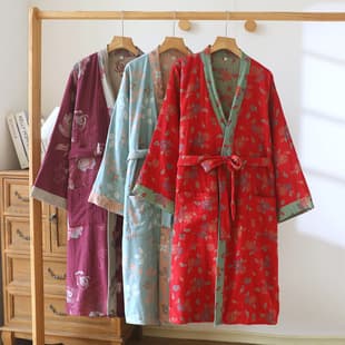 Japanese Kimono Style Spring/Autumn Pajamas Plus Size Homewear Pure Cotton Yarn-Dyed Jacquard Gauze Sleepwear Sweat Suit Set