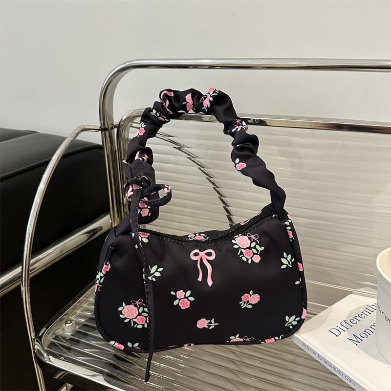 Gentle Sweet Floral Canvas Bag for Women 2024 New Drawstring Shoulder Bag High-Aesthetic Printed Flower Bow Underarm Bag