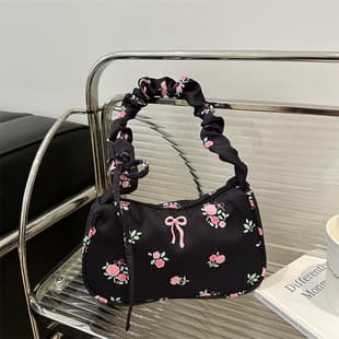Gentle Sweet Floral Canvas Bag for Women 2024 New Drawstring Shoulder Bag High-Aesthetic Printed Flower Bow Underarm Bag