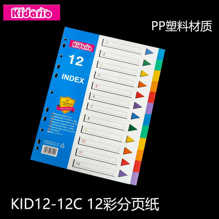 A4 loose-leaf index paper, 12C color, 12-page divider, PP plastic separator, sorting paper, 11-hole English binding.