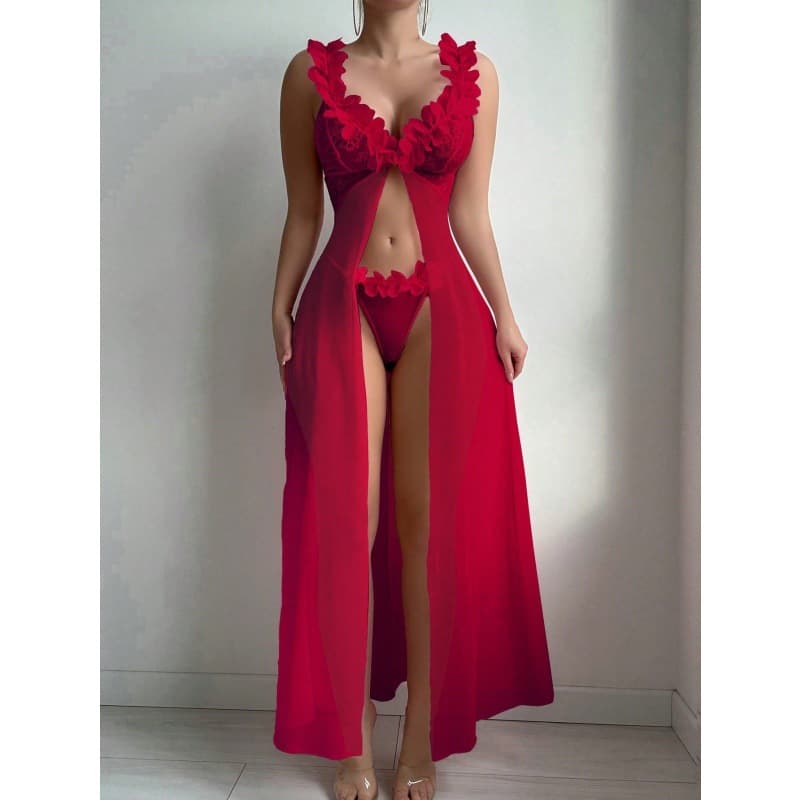 Sexy European and American style women's lingerie set with a provocative slit and see-through halter top, long dress, 2-piece gift set with sexy lace.