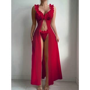 Cross-Border European and American 2-Piece Camisole Long Dress, Sexy Sleepwear for Women, Sheer Flower Lace Tease
