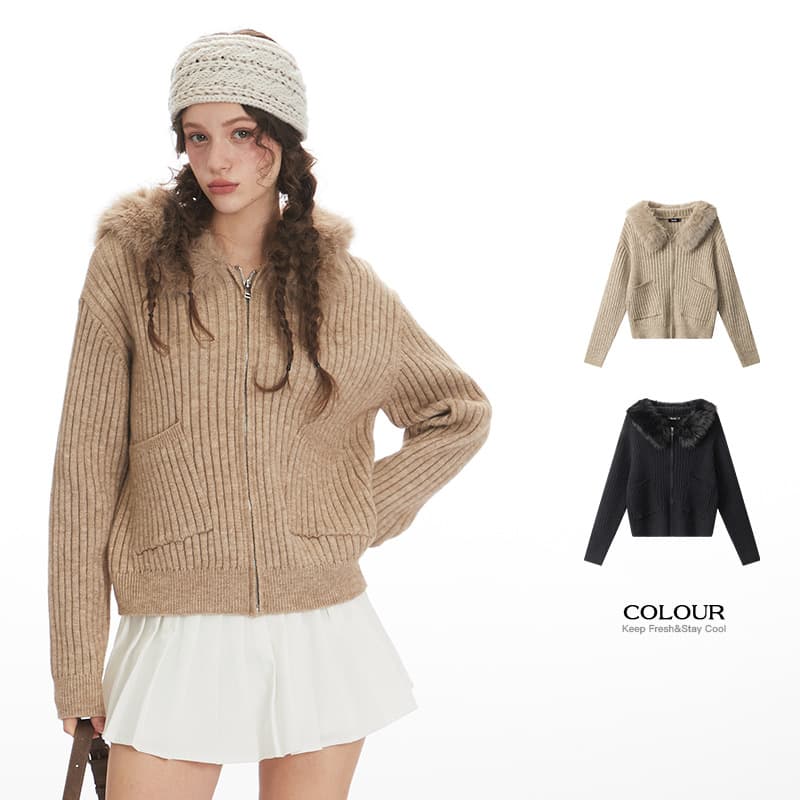 HeyHenry Faux Fur Collar American Slim Fit Hooded Knit Sweater Cardigan Short Crop Top for Women Fall Winter Outerwear