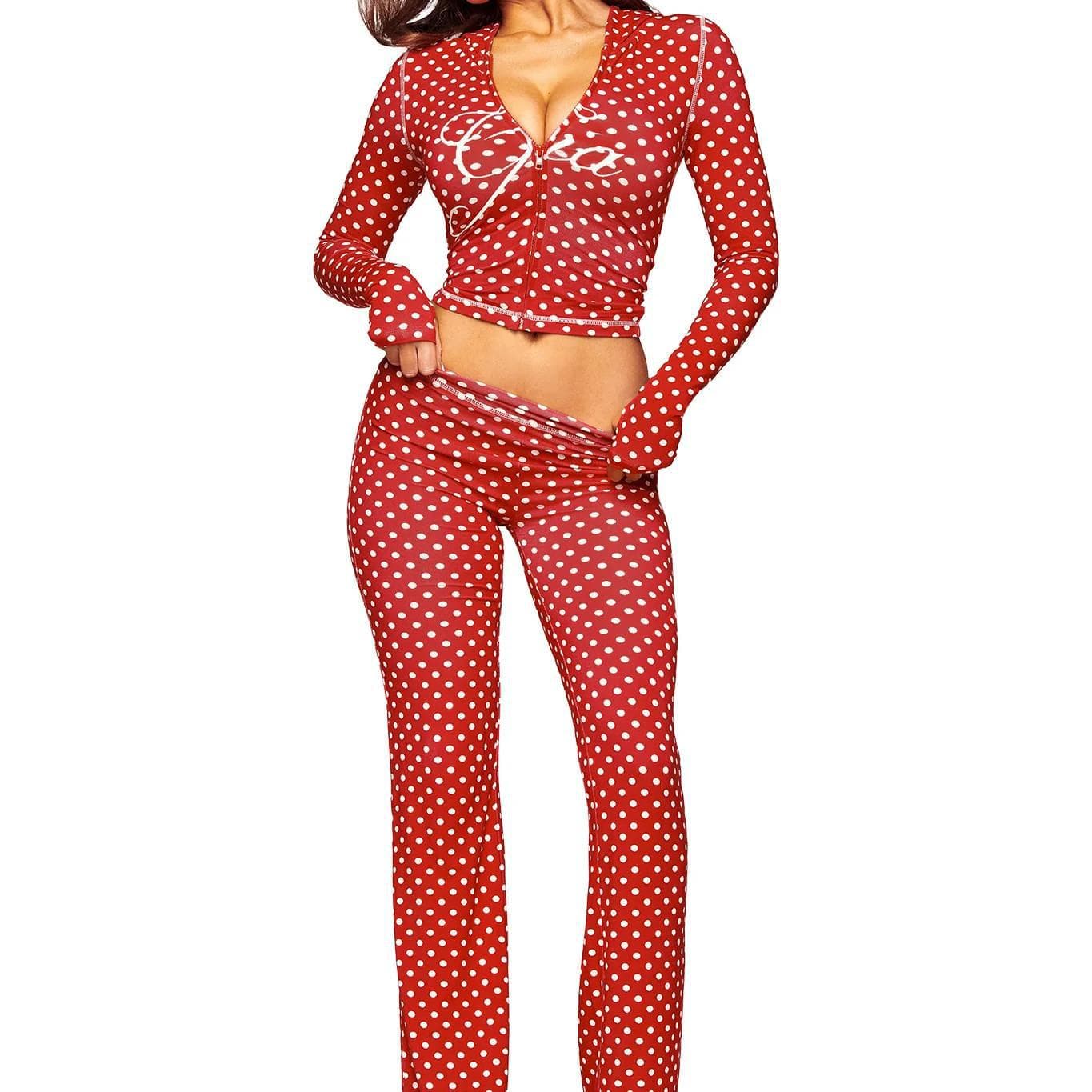 iam·gia Regular Shoulder Slim Fit Letter Print Red Polka Dot Slim Fit Hooded Zipper Short Jacket and Pants Set