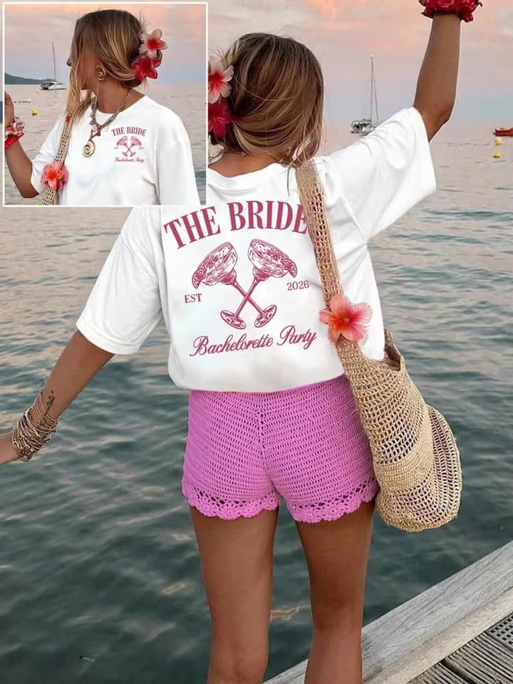 Bride Bachelorette Party Graphic Print T-Shirt, Short Sleeve Crew Neck Casual Top for Women, Spring Summer, EU Size