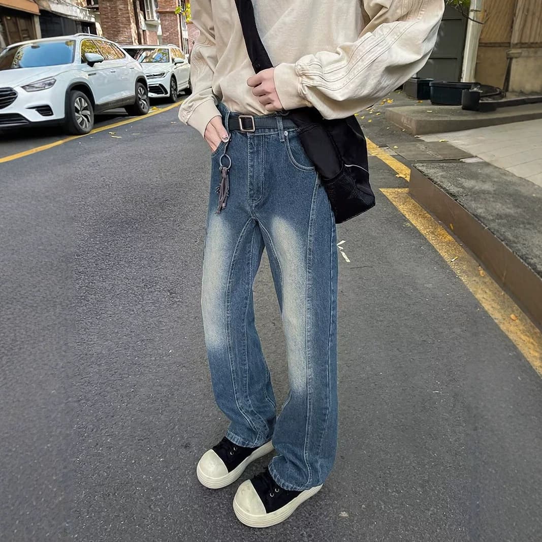 American high street trousers, trendy brand handsome scimitar trousers, washed spliced jeans, men's straight, loose wide-leg trousers