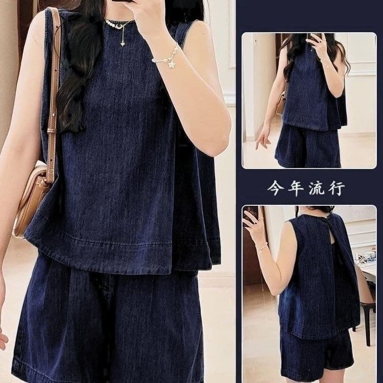 Women's Summer Denim 2026 New Fashion Sleeveless Slimming Vest High-Waist Shorts Set