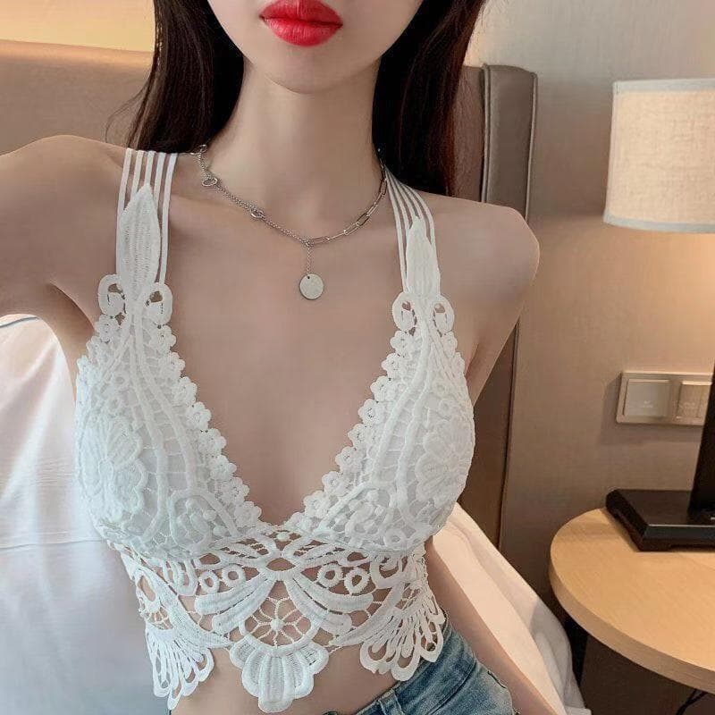 Sexy hollow-out backless camisole top for women with padded bra, suitable for layering or wearing as an inner or outer layer, thin summer style.