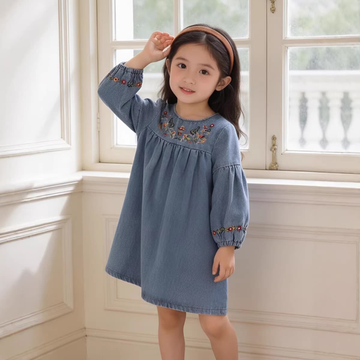 MDD New Girls Dress 2026 New Arrival Kids Clothing Baby Cute Denim Long Sleeve Embroidered Floral Denim Dress
