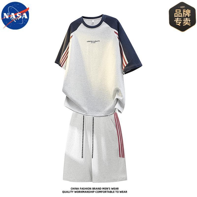 NASA Brand High-Quality Short Sleeve and Shorts Set for Men Summer Ice-Cool Breathable Casual Fashionable Full Set