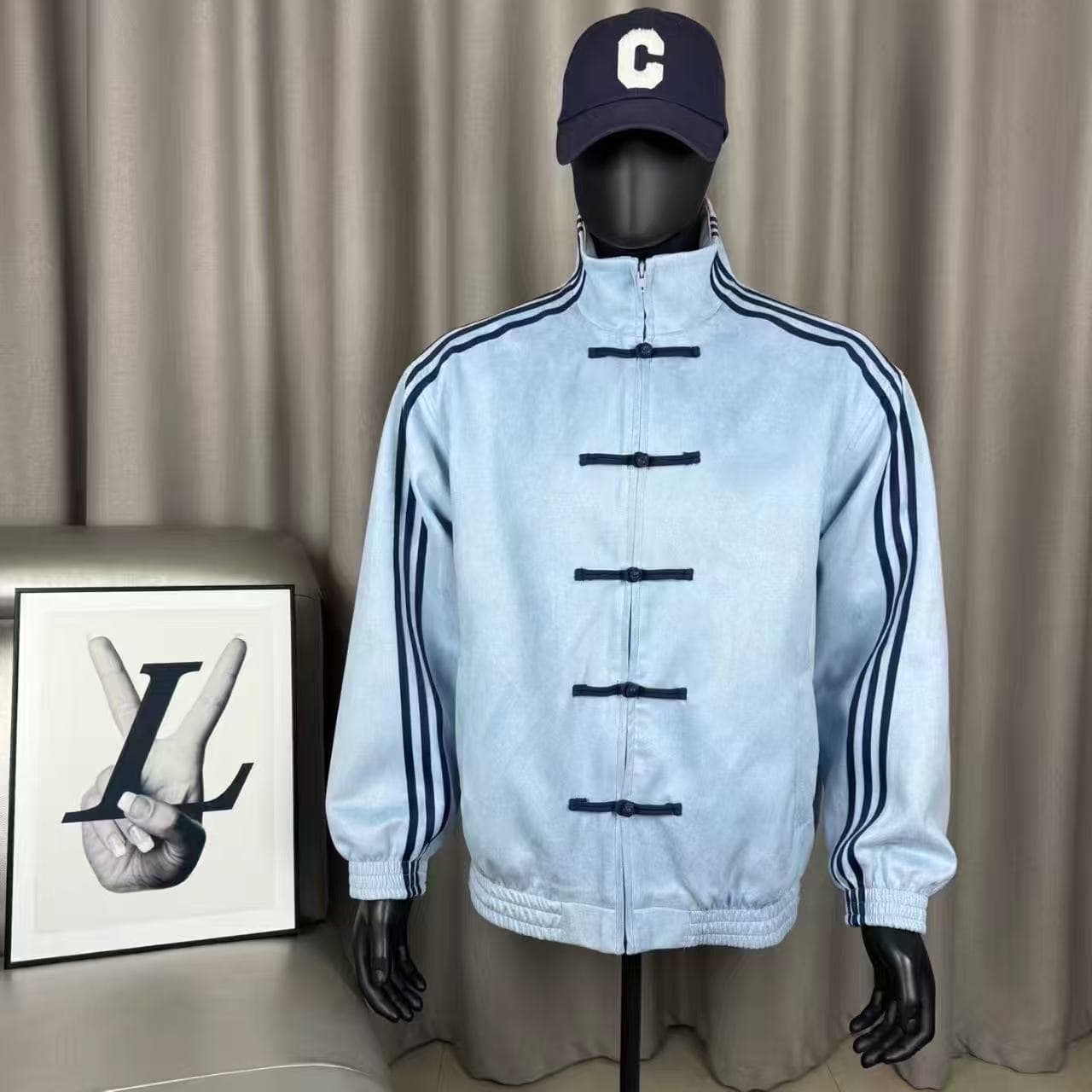 Cross-border Chinese-style retro three-stripe spring and autumn high street fashion trendy brand American embroidery jacket unisex versatile style
