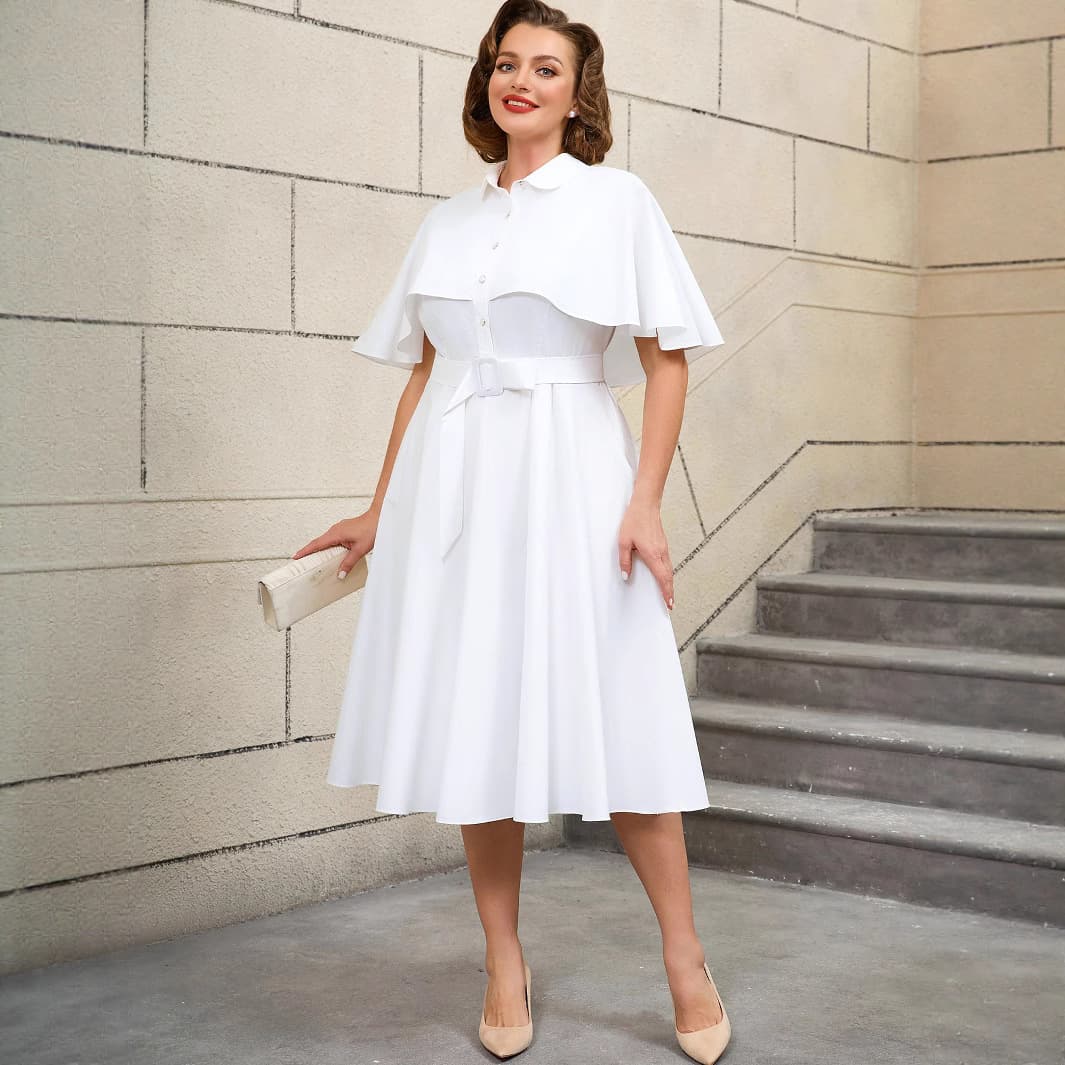 Plus Size White Women's Belted Shirt Dress Vintage Cape Sleeve Button A-Line Midi Dress