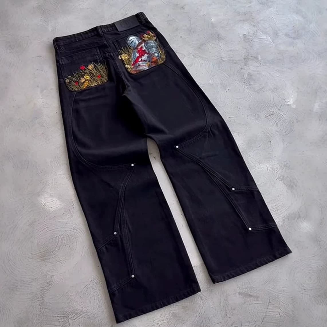 VESCARTES fallen knight denim flowers fallen knight jeans embroidered straight pants ins