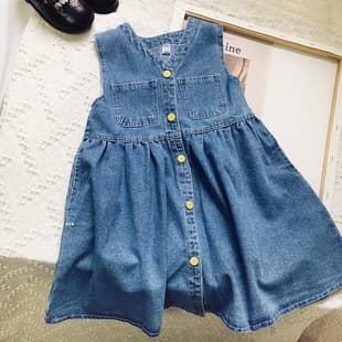 Girls Denim Dress and Vest Dress 2026 Autumn Baby Shirt and Overall Dress Two-Piece Set Kids Spring Wear