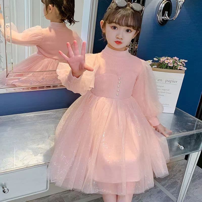 Girls' Dress Spring Autumn New Princess Dress Bubble Sleeve Mesh Skirt Children's Elegant Dress Baby Puffy Skirt