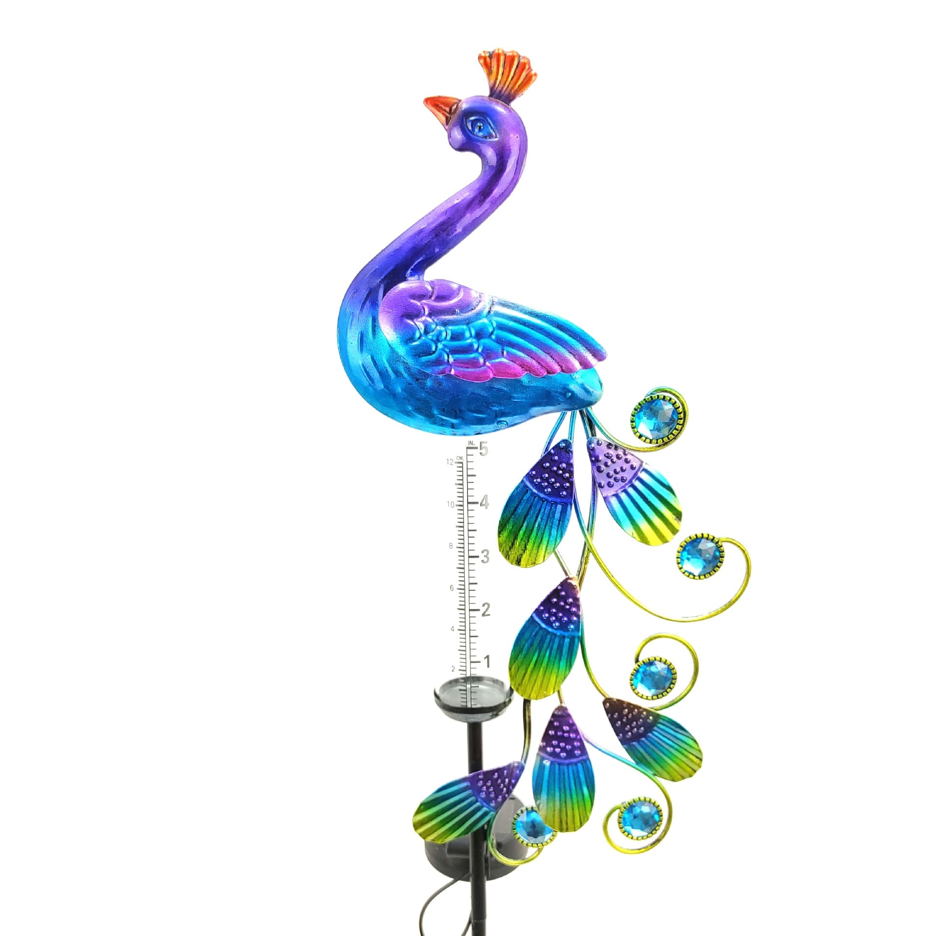 Solar Iron Peacock Rain Gauge Ground Insert Light, Solar Powered Iron Rain Gauge Stake Light