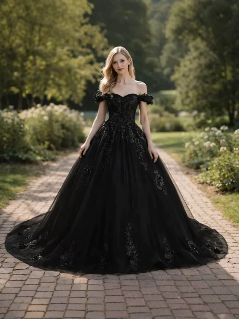 Cross-border dark one-shoulder black wedding dress three-dimensional tutu skirt bride photo dinner gothic style wedding dress