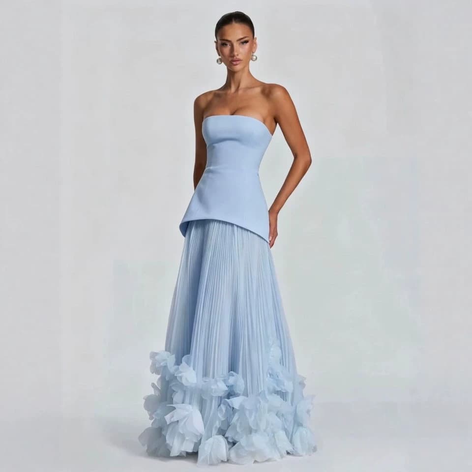 Design Mesh 2026 Summer New Elegant Strapless High-Waist Pleated Long Dress