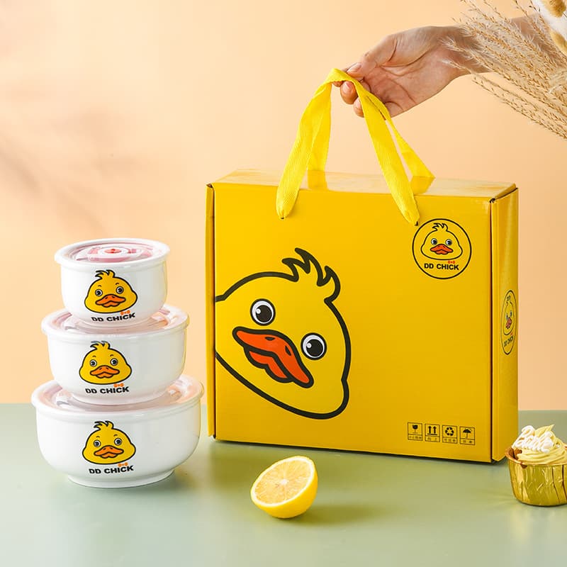 Cartoon Little Yellow Duck Ceramic Fresh-Keeping Bowl 3-Piece Gift Set, Wholesale Business Opening Gift, Souvenir, Custom Logo