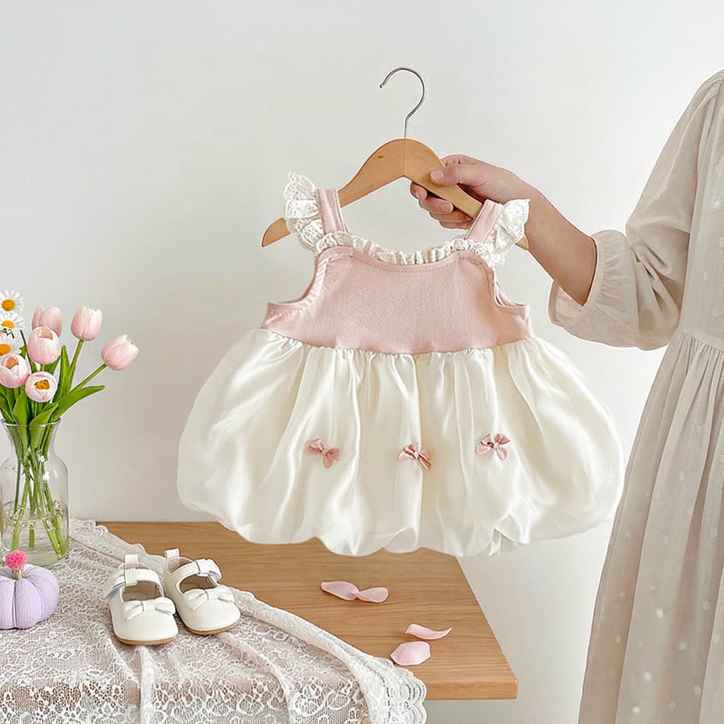 Korean style summer new sleeveless bow mesh tank top dress for infants and young children Korean style dress baby girl bud skirt