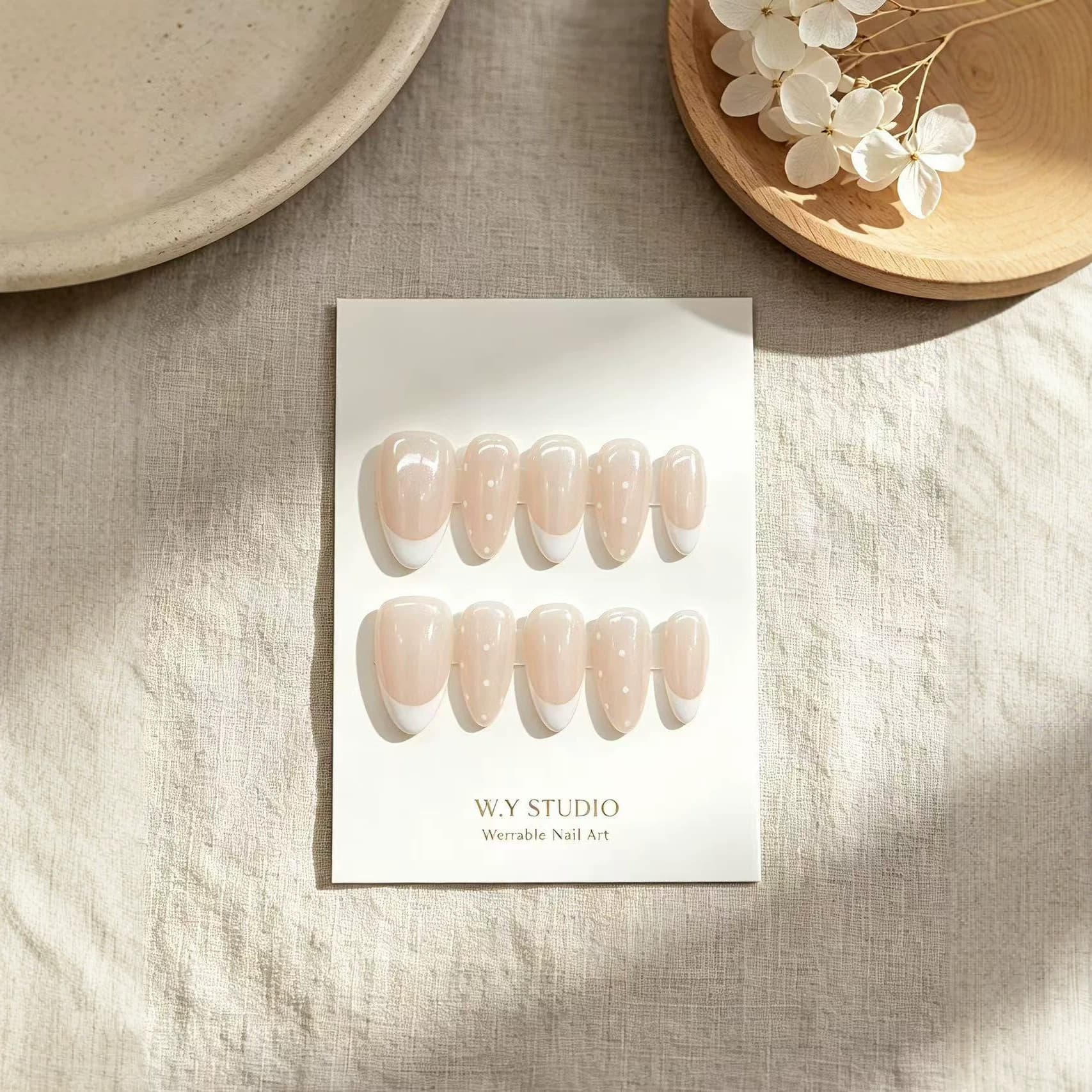 Nude Pink Shimmer French Polka Dot Press-On Nails, Simple White Edge Almond Long Style, Gentle Commuter Handmade Gel Nails