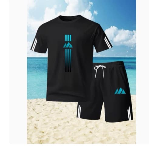 2026 cross-border casual sports suit imitation cotton men's round neck T-shirt shorts two-piece set summer new men's clothing