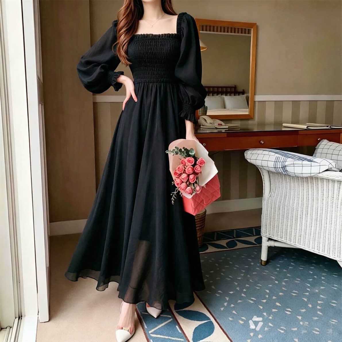 2026 French Long Sleeve Dress, Waist-Cinching, Slimming, Plus Size, Vacation Beach Dress, Women's Red Black White Long Dress