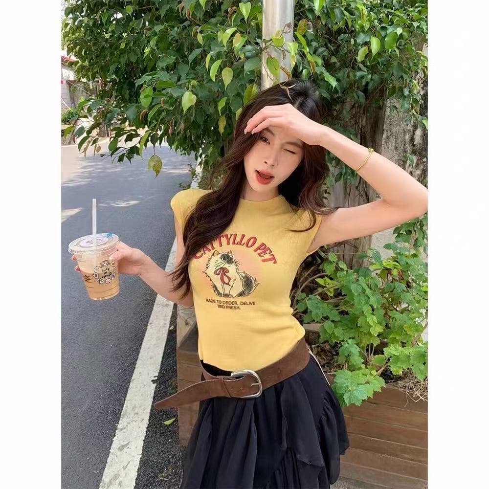 Korean Sweet Fun Print Short-Sleeve Knit Top Summer Slim Fit Casual Stylish Versatile Women's Blouse