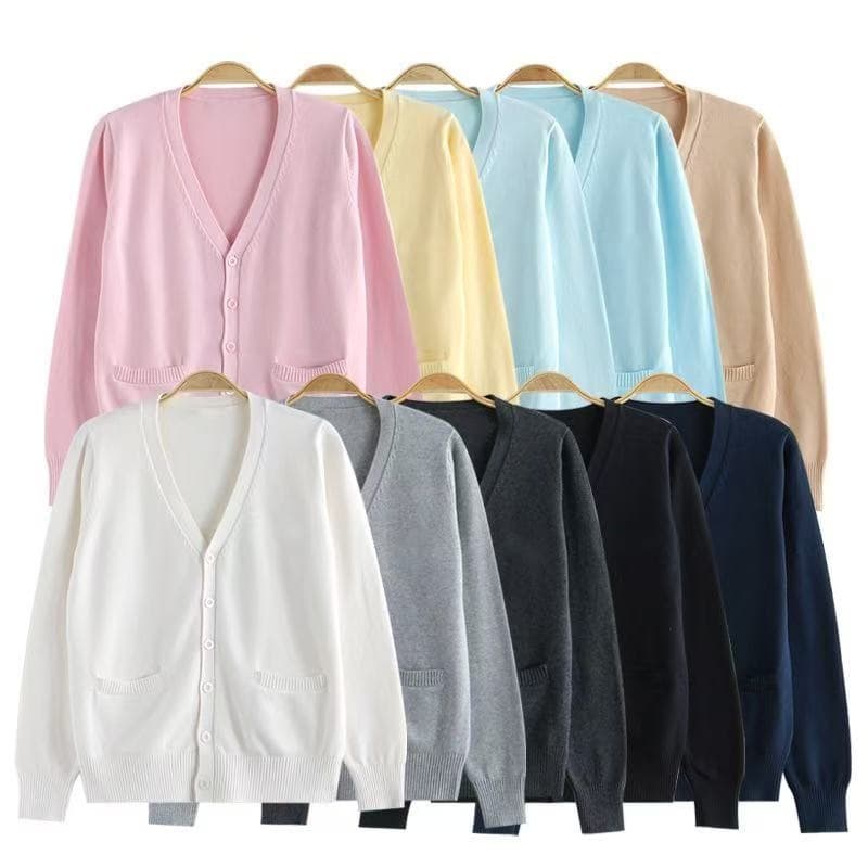 JK uniform knit cardigan short sleeve wholesale basic jacket for women, Japanese academic style V-neck sweater for autumn and winter.