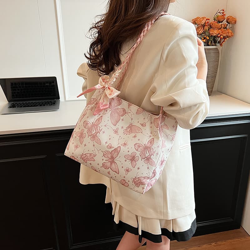 Cartoon Butterfly Print Tote Bag Women's New Large Capacity Shoulder Bag Fashionable, Beautiful, Western Style Versatile Handbag