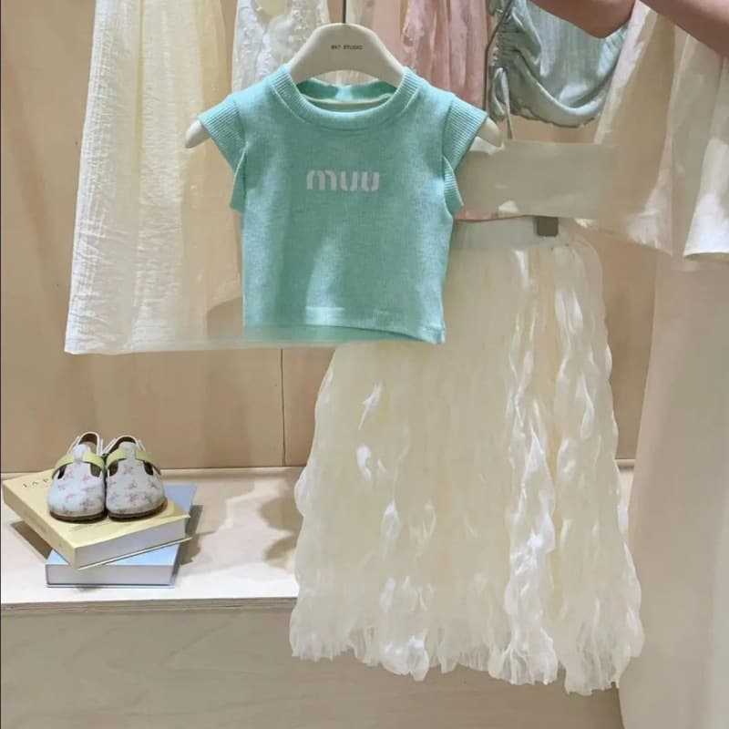 Girls Summer Outfit Set 2025 New Girls Baby Summer Stylish Short Sleeve Top Trendy Cake Skirt Two-Piece Set