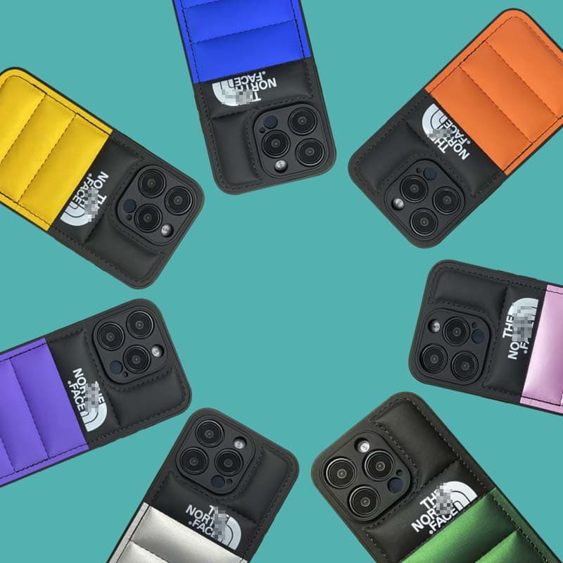 Trendy fall/winter personality label color-block puffer jacket case for 16 Pro Max, iPhone 15, Apple 14
